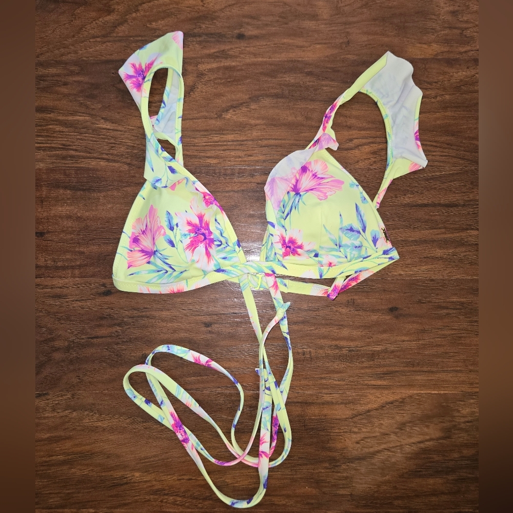 PINK Victoria's Secret Yellow Floral Strappy Medium Ruffle Bikini Top